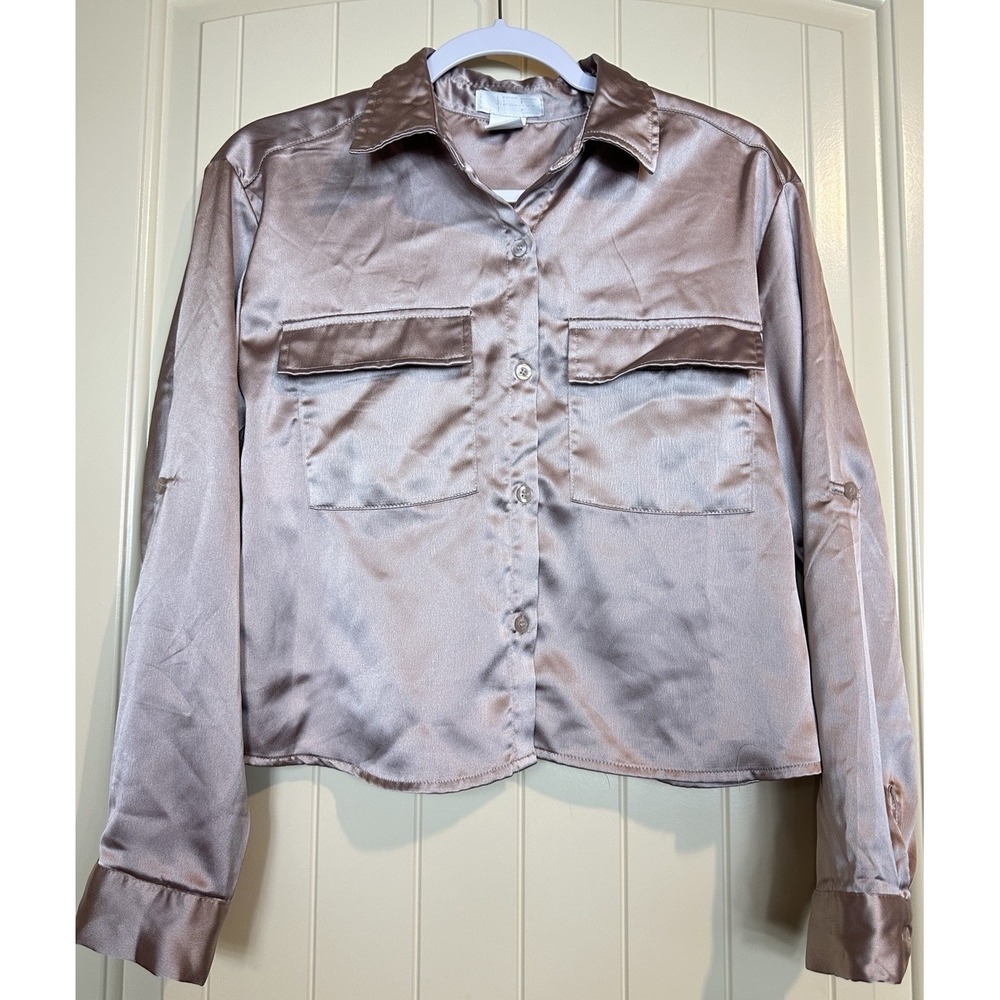 Life Satin Utility Roll Tab Sleeve Collared Button Up long sleeve shirt Sz S